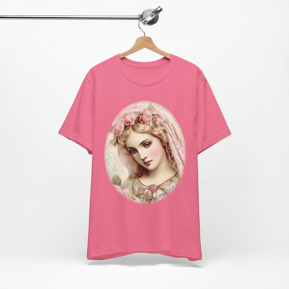 Thumbnail: Virgin Mary T-Shirt Shabby French Madonna Pink Roses Art Tee Catholic Faith Gift