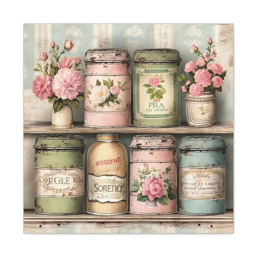 Thumbnail: Shabby Chic French Country Canvas Art Jars Pink Flowers Farmhouse Kitchen Decor