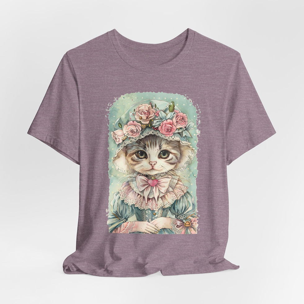 Thumbnail: Victorian Cat Art T-Shirt Shabby Mint & Pink Roses Hat Artistic Cat Lover Gift