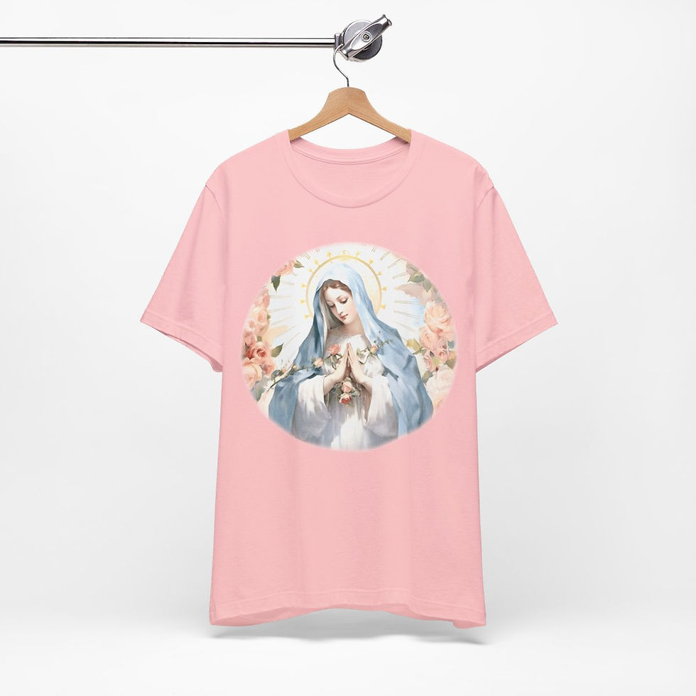 Thumbnail: Virgin Mary T-Shirt Pink Rose Shabby Chic Ave Maria Art Tee Catholic Faith Gift