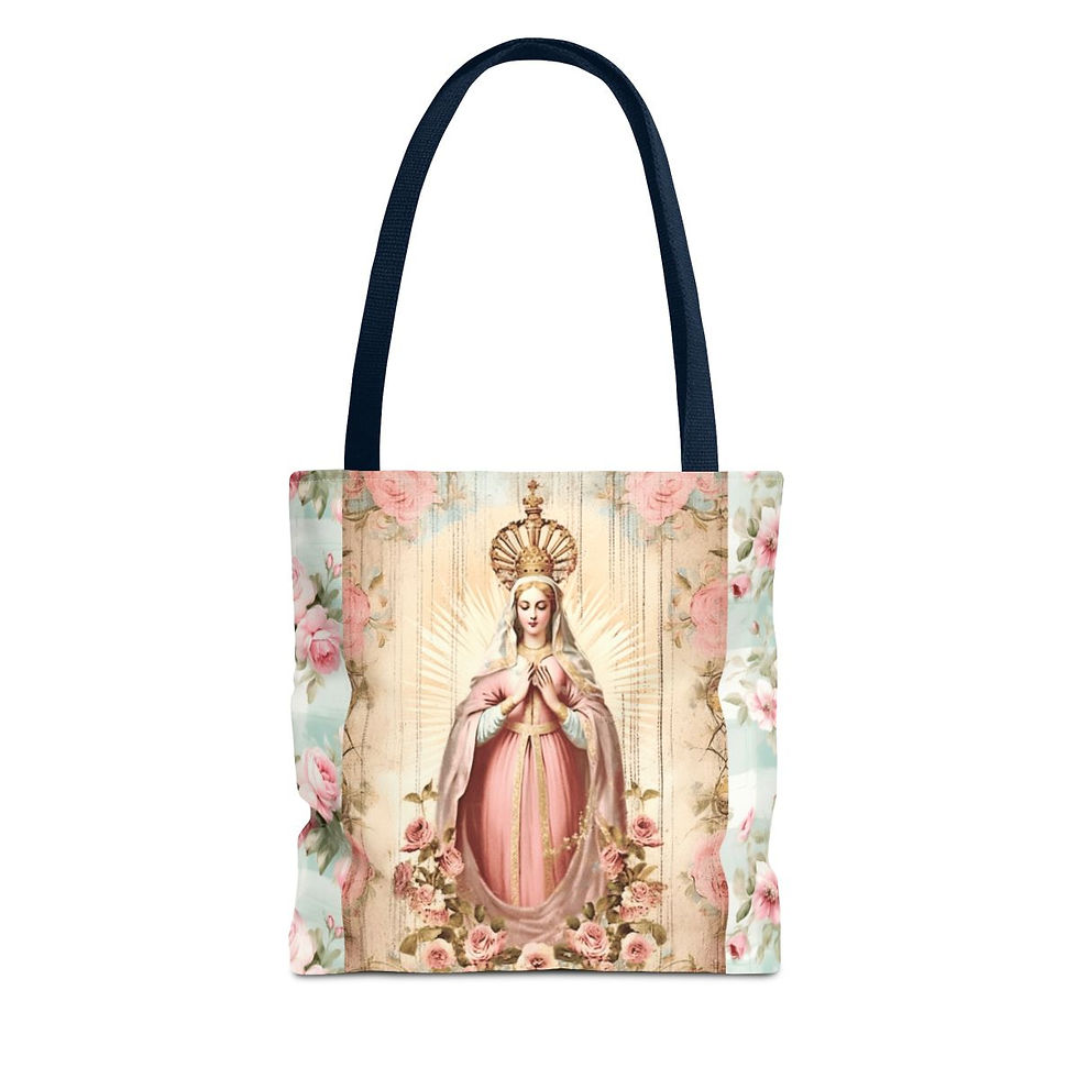 Thumbnail: Shabby Virgin Mary Tote Bag Mother Mary Praying Pink Roses Serene Catholic Gift