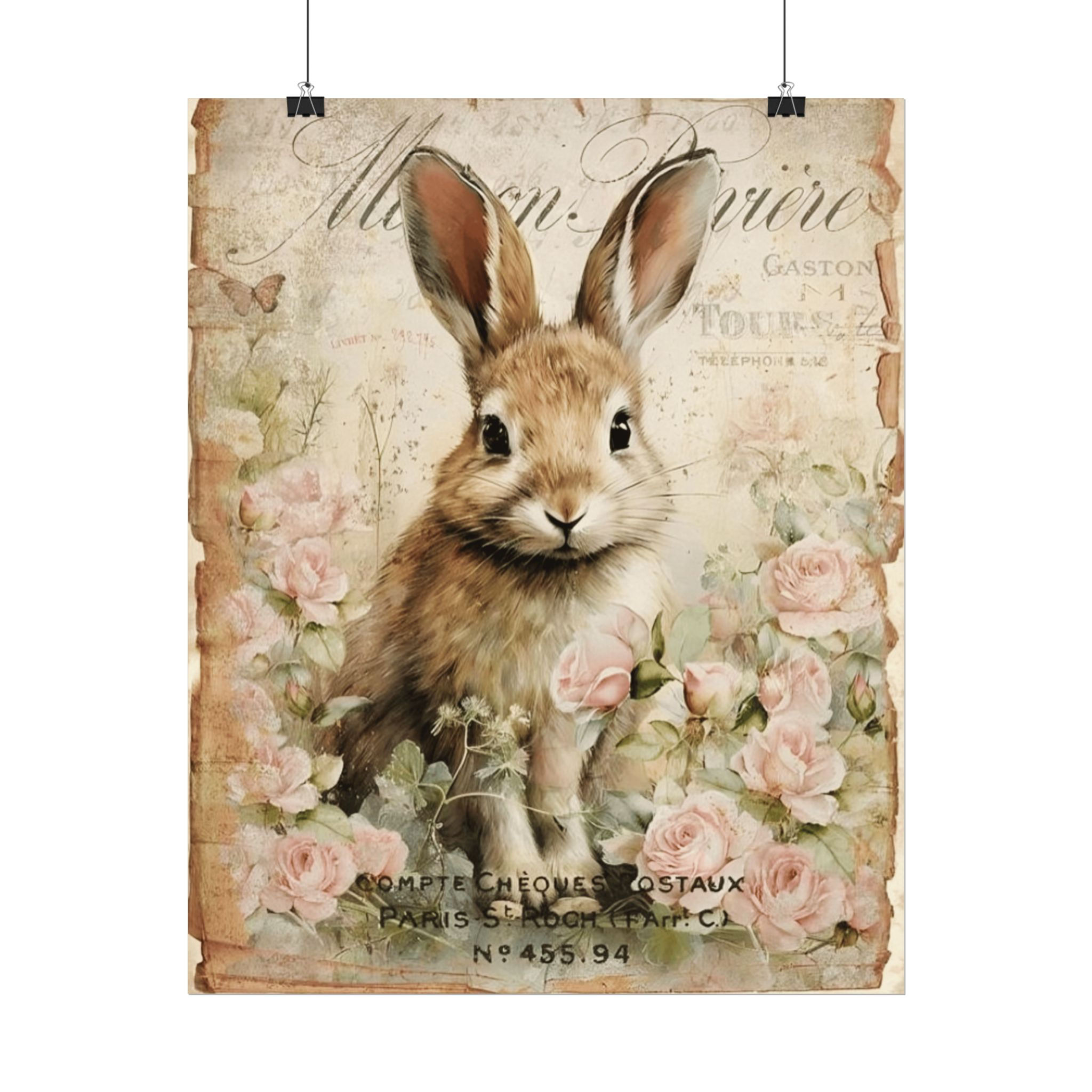 French Country Rabbit Print Vintage Bunny Art Shabby Cottage Giclee wall decor
