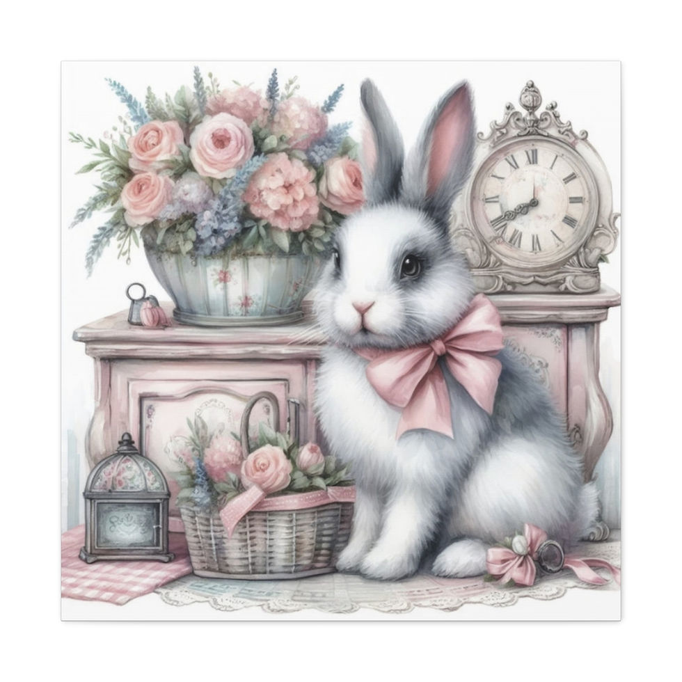 Thumbnail: Shabby Chic Art Canvas Spring Print Bunny Pink Roses Pastel Cottage Decor
