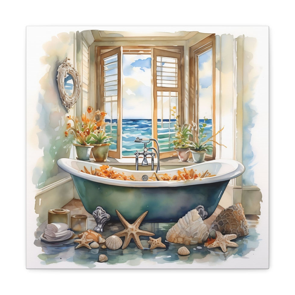Thumbnail: Beachy Decor Bathroom Canvas Art Clawfoot Tub Sea Shells Beach Watercolor Print
