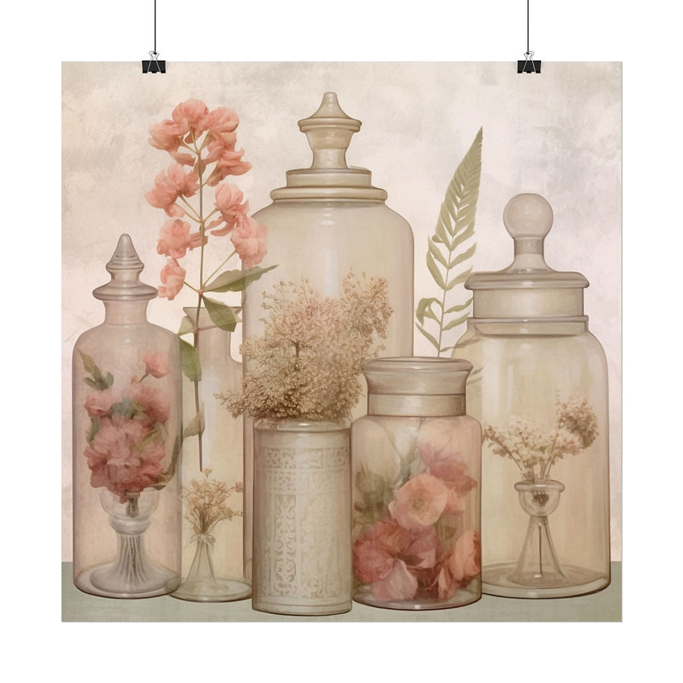 Thumbnail: Watercolor Print Jars Bottles Flowers Shabby Decor French Country Wall Hanging