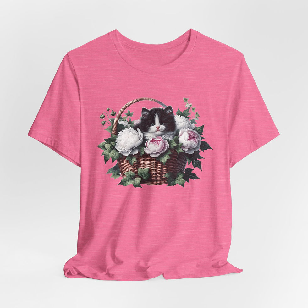 Thumbnail: Cat Lover Art T-Shirt Shabby Kitten in Basket Pink White Flowers Artistic gift
