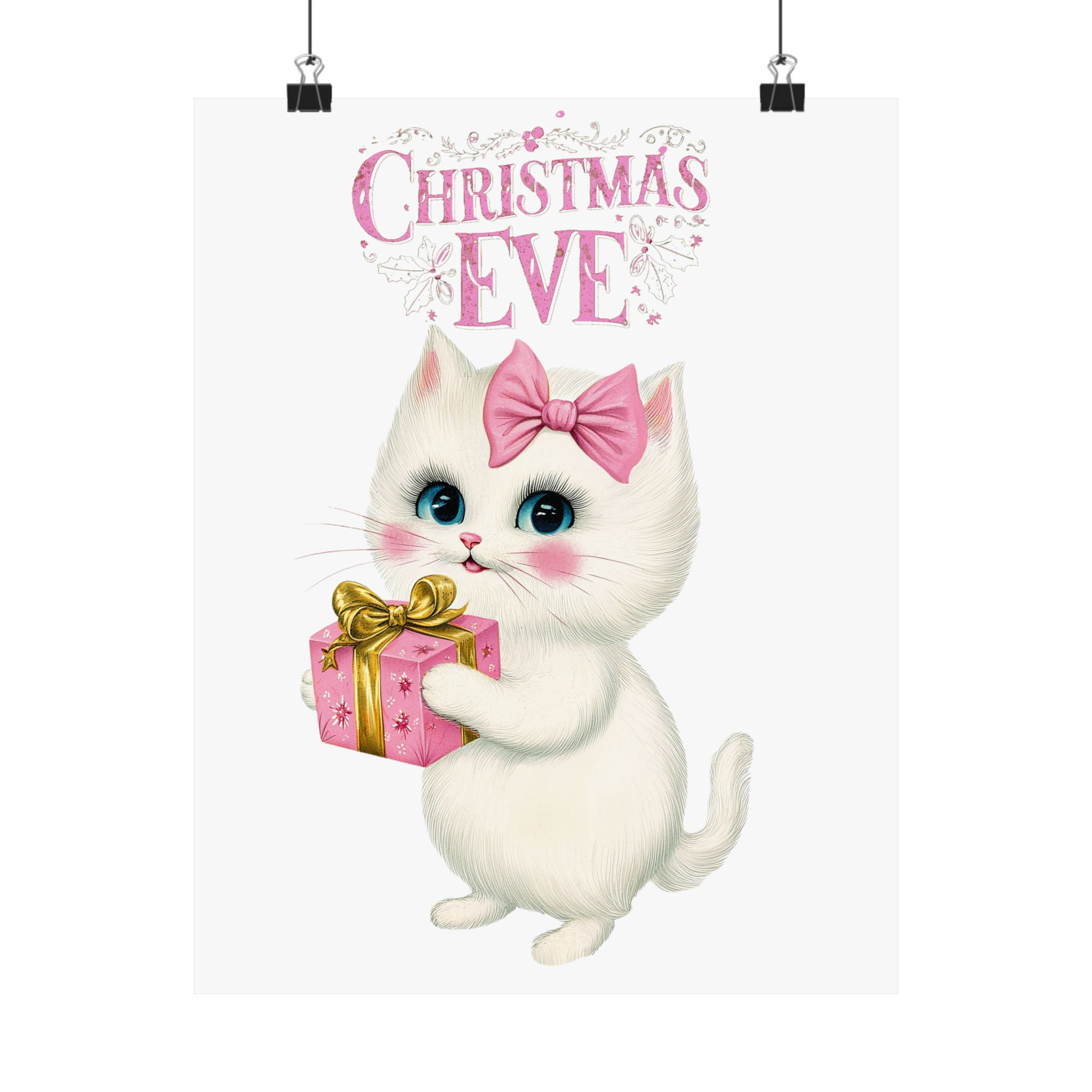 Christmas Cat Art Print Pink & White Kitten Shabby Cat Lover Decor Holiday Gift