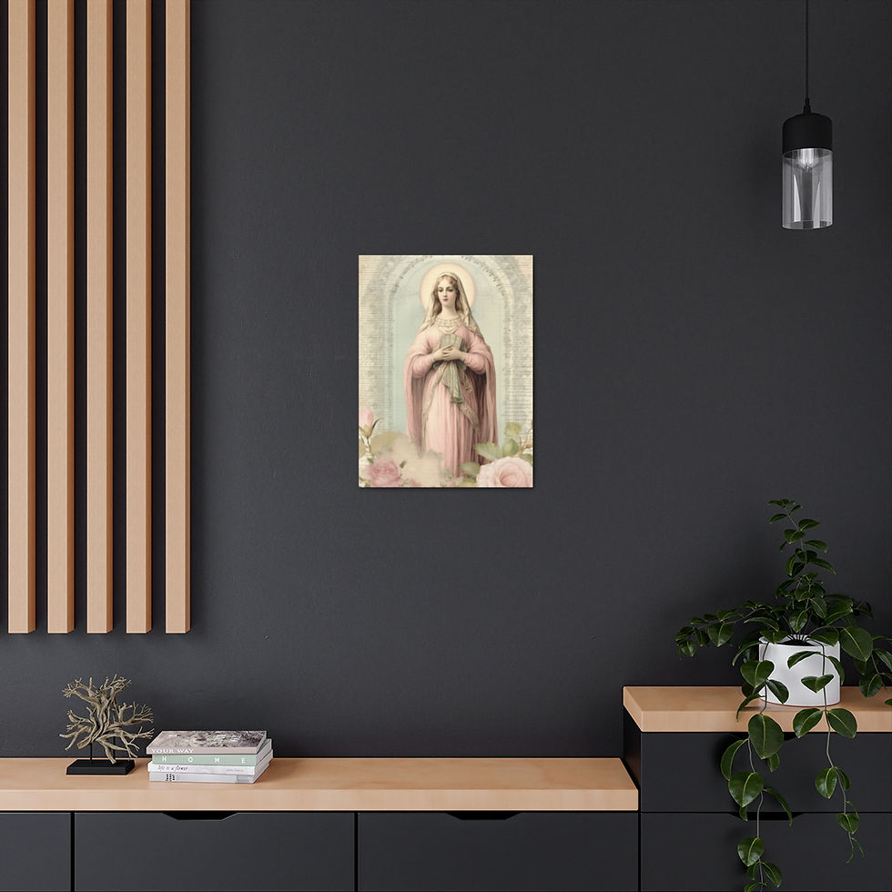 Thumbnail: Shabby Virgin Mary Canvas Art Vintage Green & Pink Roses Pastel Religious Decor