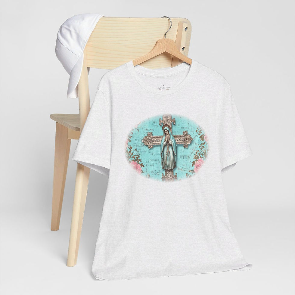Thumbnail: Catholic T-Shirt Shabby Praying Mother Mary on Cross Pink Roses Art Tee