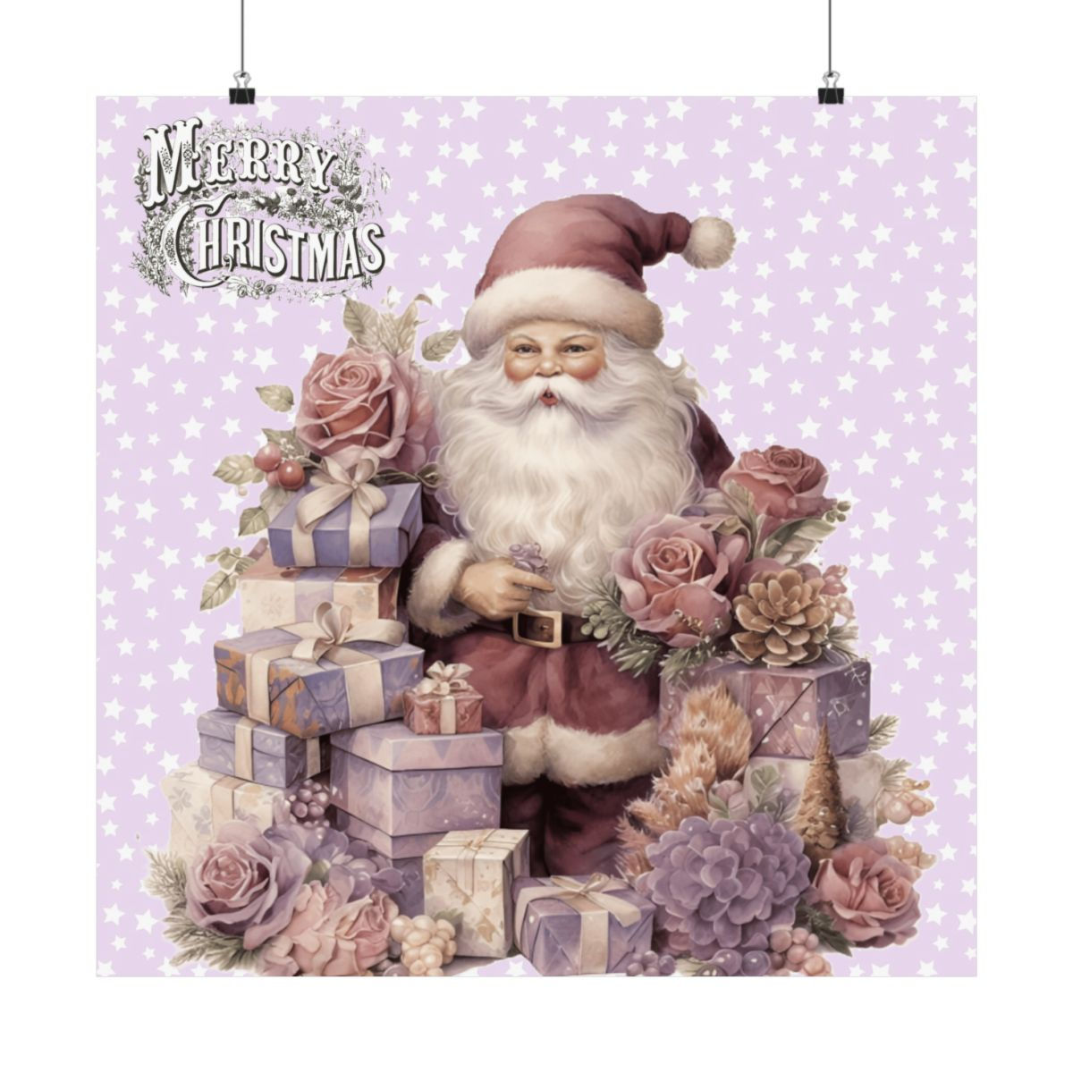 Victorian Santa Claus Art Print Pastel Lavender Purple Shabby Christmas Decor