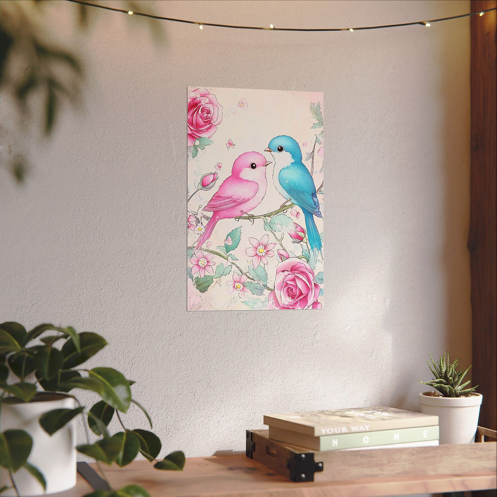 Thumbnail: Love Birds Watercolor Art Print Shabby Pink Roses French Country Bird Decor