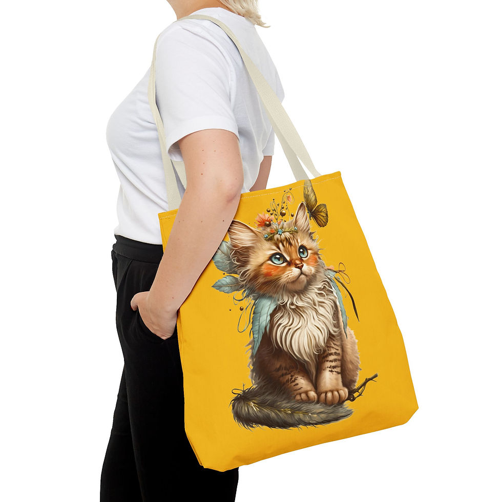 Thumbnail: Boho Cat Tote Bag Shabby Kitten with Feathers Flowers Cat Lover Expressive Gift