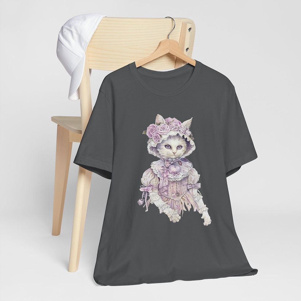 Thumbnail: Victorian White Cat Art T-Shirt Shabby Roses Bonnet Hat Artistic Cat Lover Gift