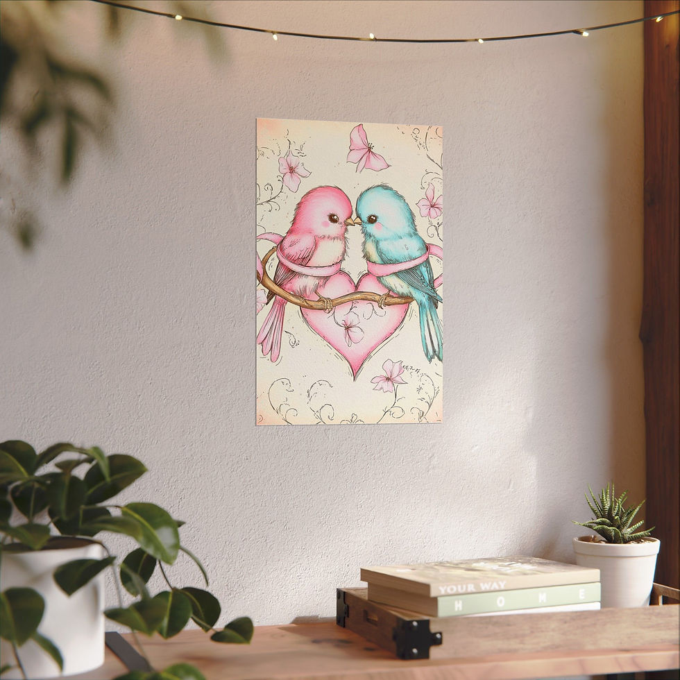 Thumbnail: Love Birds Watercolor Art Print Shabby French Country Decor Pastel Pink & Blue