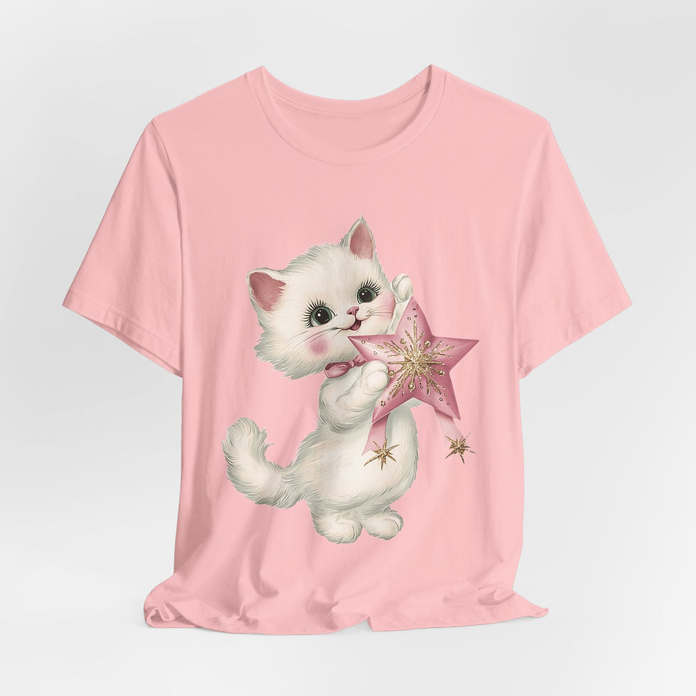 Thumbnail: Christmas Kitten T-Shirt Shabby White Cat Pink Star Artistic Gift Cat Lover Tee
