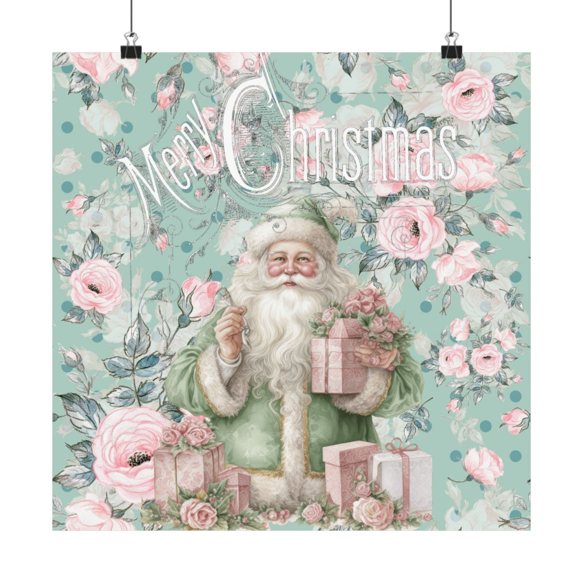 Shabby Victorian Santa Claus Art Print Pastel Pink Roses & Aqua Christmas Decor