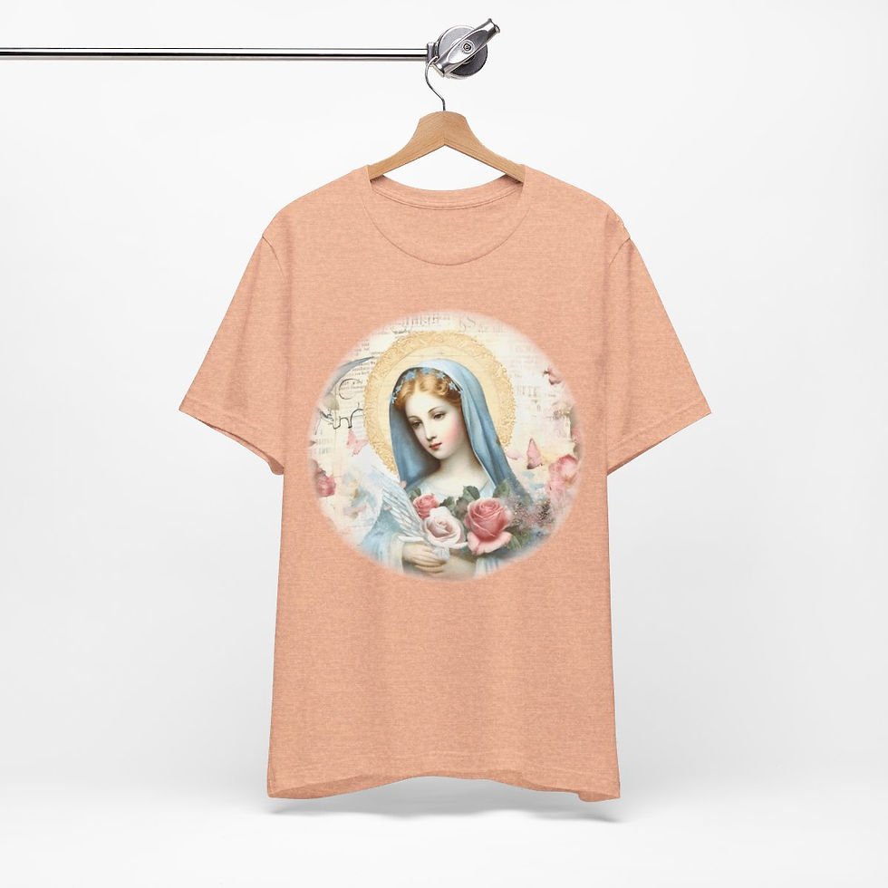 Thumbnail: Virgin Mary T-Shirt Pink Rose Shabby Chic Ave Maria Art Tee Catholic Faith Gift