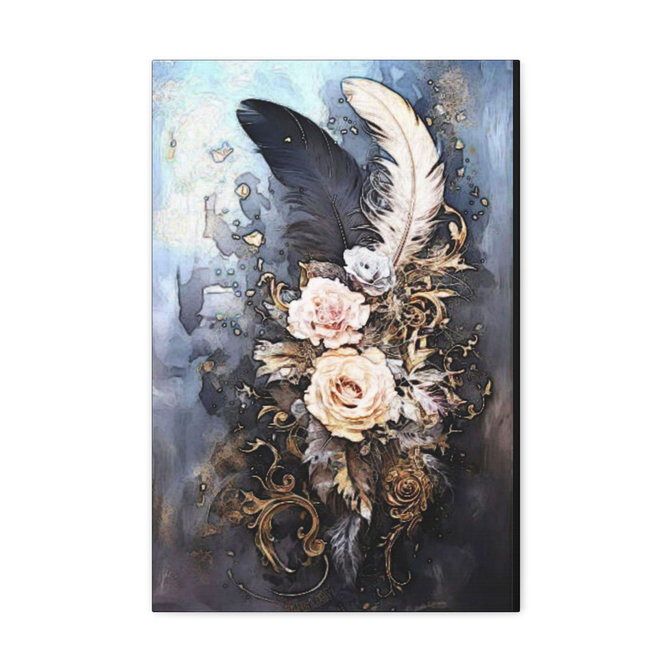 Thumbnail: Black and White Feathers and Roses Canvas Art Print Shabby French Country Decor