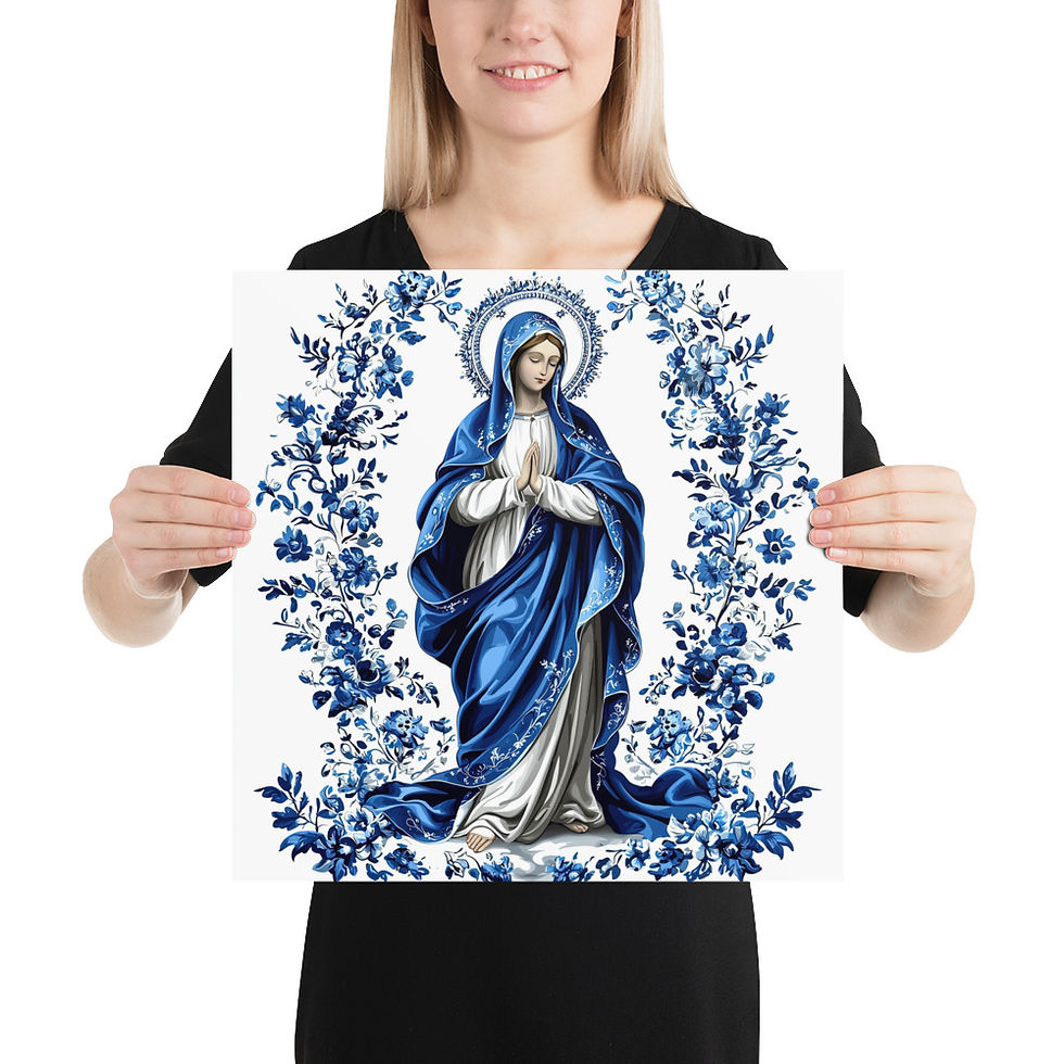 Thumbnail: Artistic Praying Virgin Mary Art Print, Catholic Faith Decor French Country Blue