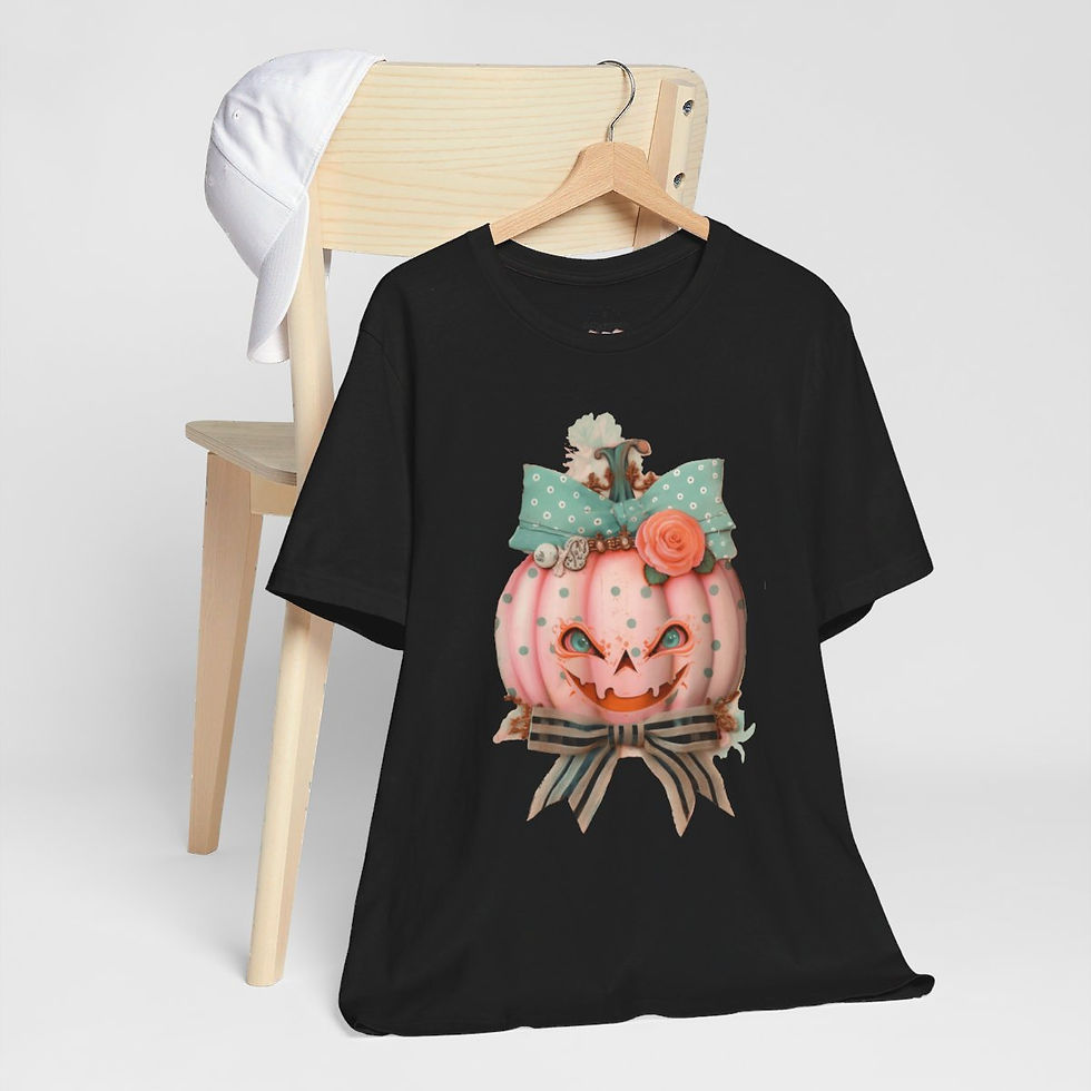 Thumbnail: Halloween T-Shirt Creepy Pumpkin Shabby Pink Roses Art Tee Trendy Apparel Gift