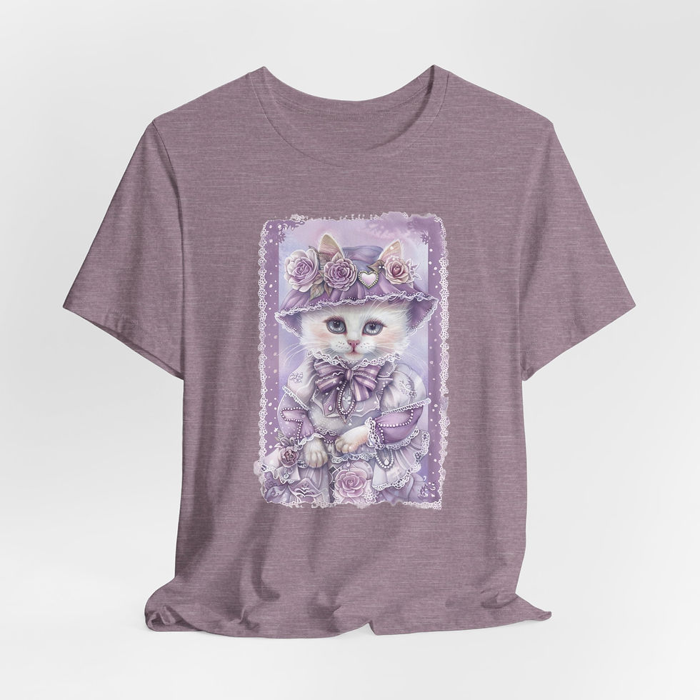 Thumbnail: Victorian White Cat Art T-Shirt Shabby Roses Bonnet Hat Artistic Cat Lover Gift