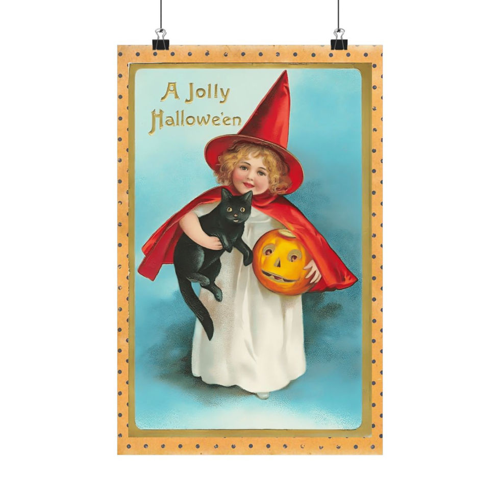 Thumbnail: Vintage Halloween Art Print Cute Witch Black Cat Halloween Decor Antique Art