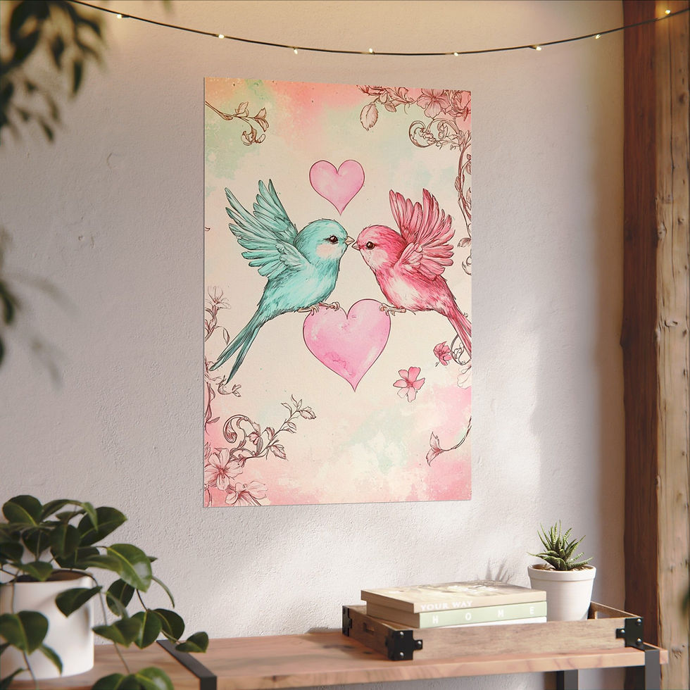 Thumbnail: Love Birds Watercolor Art Print Shabby French Country Decor Pastel Pink & Blue