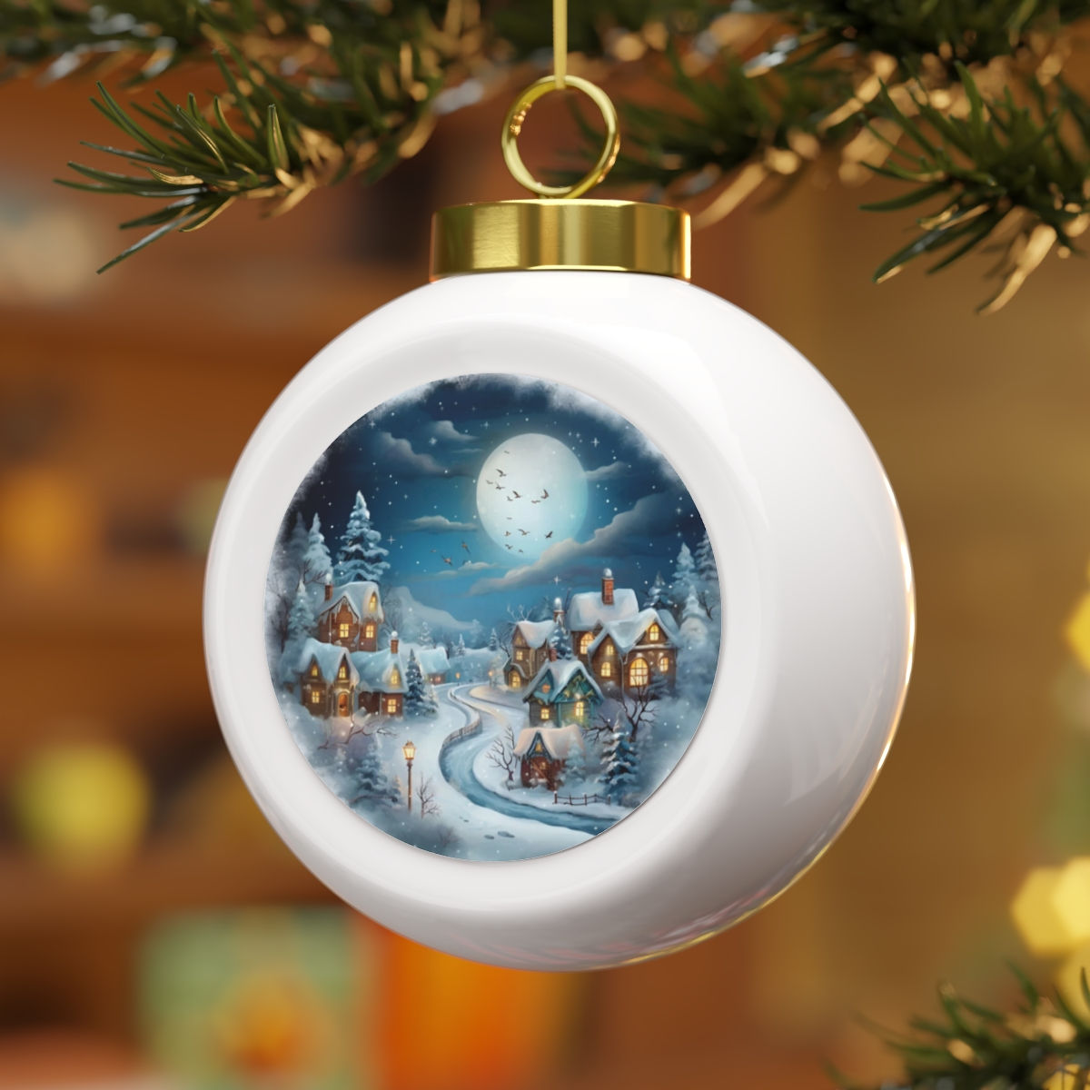 Vintage Snowy Christmas Village Ornament Old Fashioned Christmas Eve Decor 