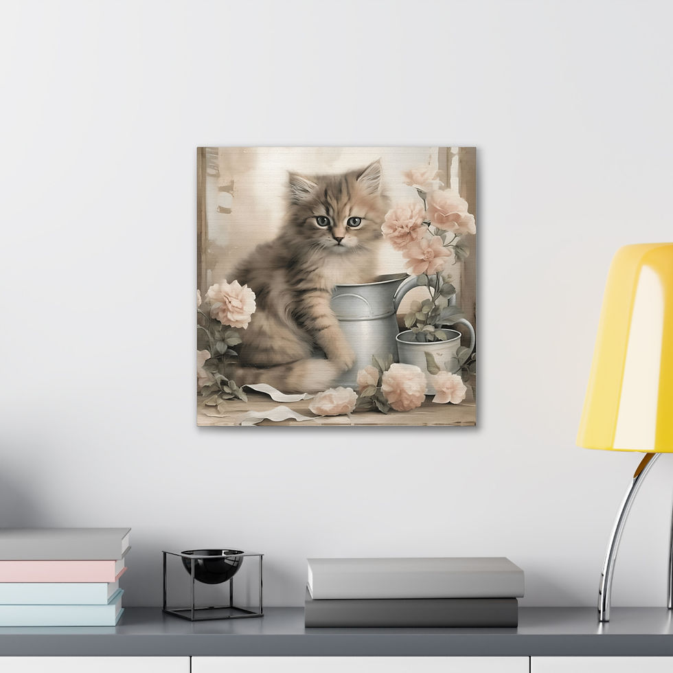 Thumbnail: Victorian Cat Art Wrapped Canvas Print Shabby Pink Roses Vintage Kitten Decor