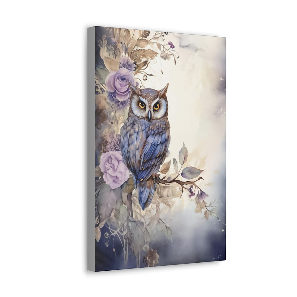 Thumbnail: Owl Canvas Art Shabby Chic Lavender Roses Artwork Pastel Wall Decor 