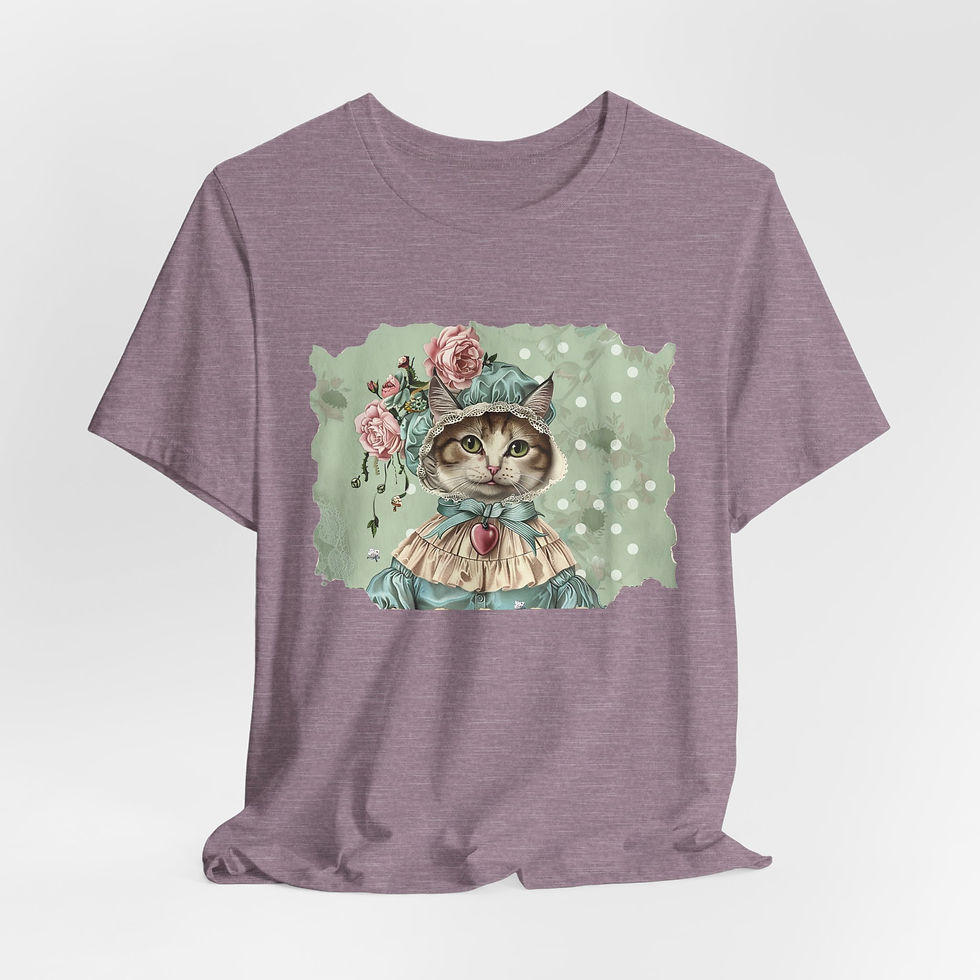 Thumbnail: Victorian Cat Art T-Shirt Shabby Mint & Pink Hat Roses Artistic Cat Lover Gift