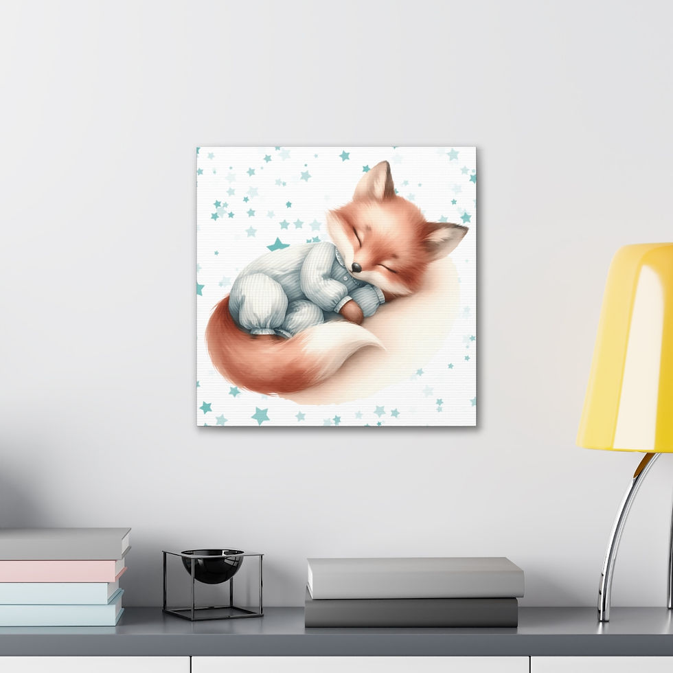 Thumbnail: Artistic Nursery Decor Watercolor Canvas Art Sleeping Baby Fox in Pajamas Stars 