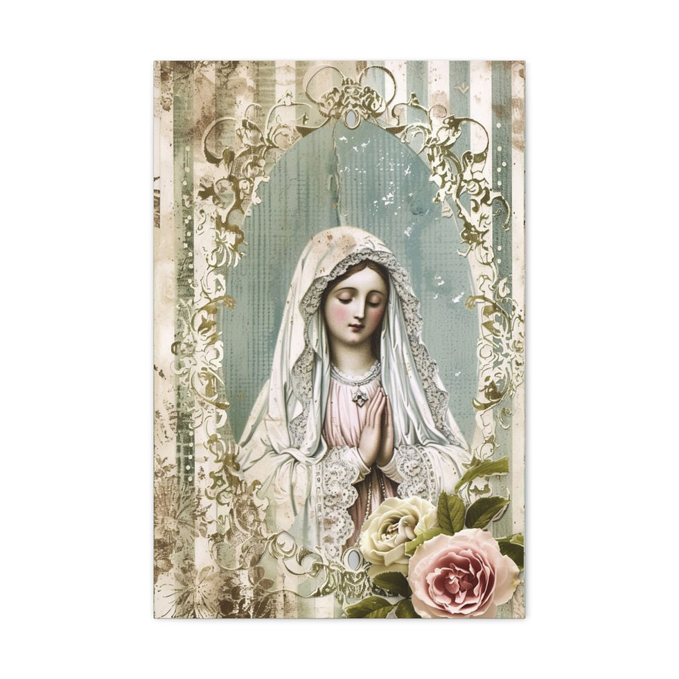 Thumbnail: Shabby Virgin Mary Canvas Art Vintage Green & Pink Roses Pastel Religious Decor