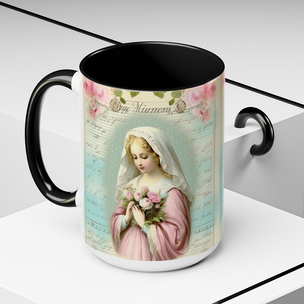 Thumbnail: Shabby Chic Virgin Mary Coffee Mug Pastel Art Mug Pink Roses Catholic Faith Gift