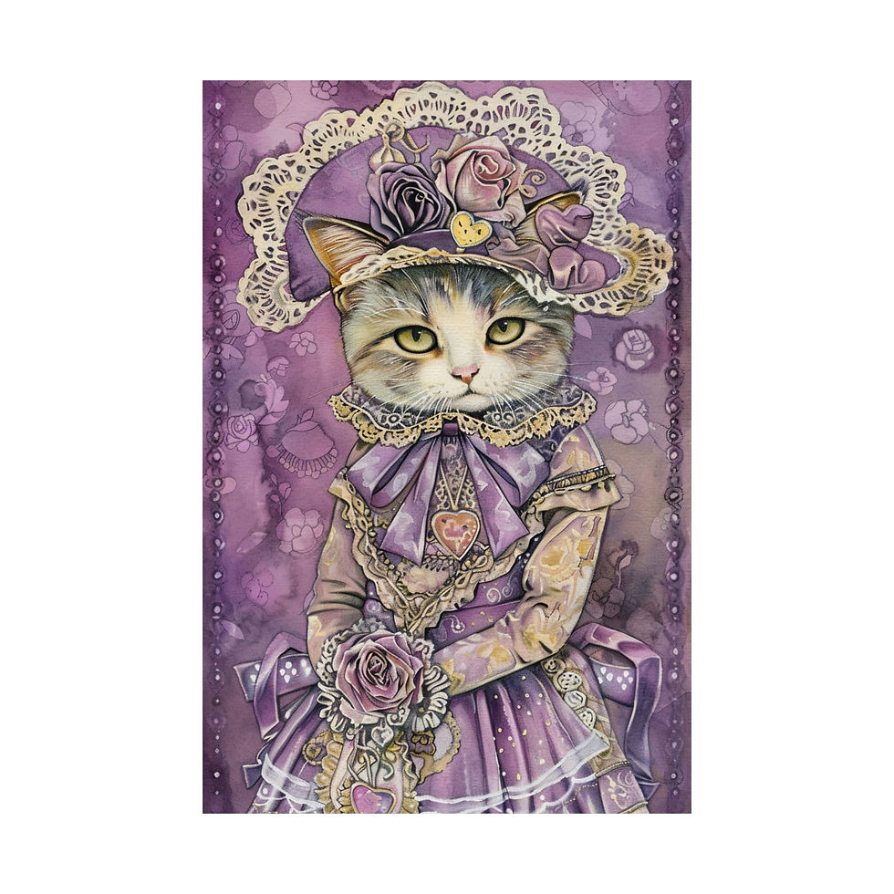 Cat Art Print - Cat in Bonnet Shabby Victorian Cat Lover Gift Purple Wall Decor