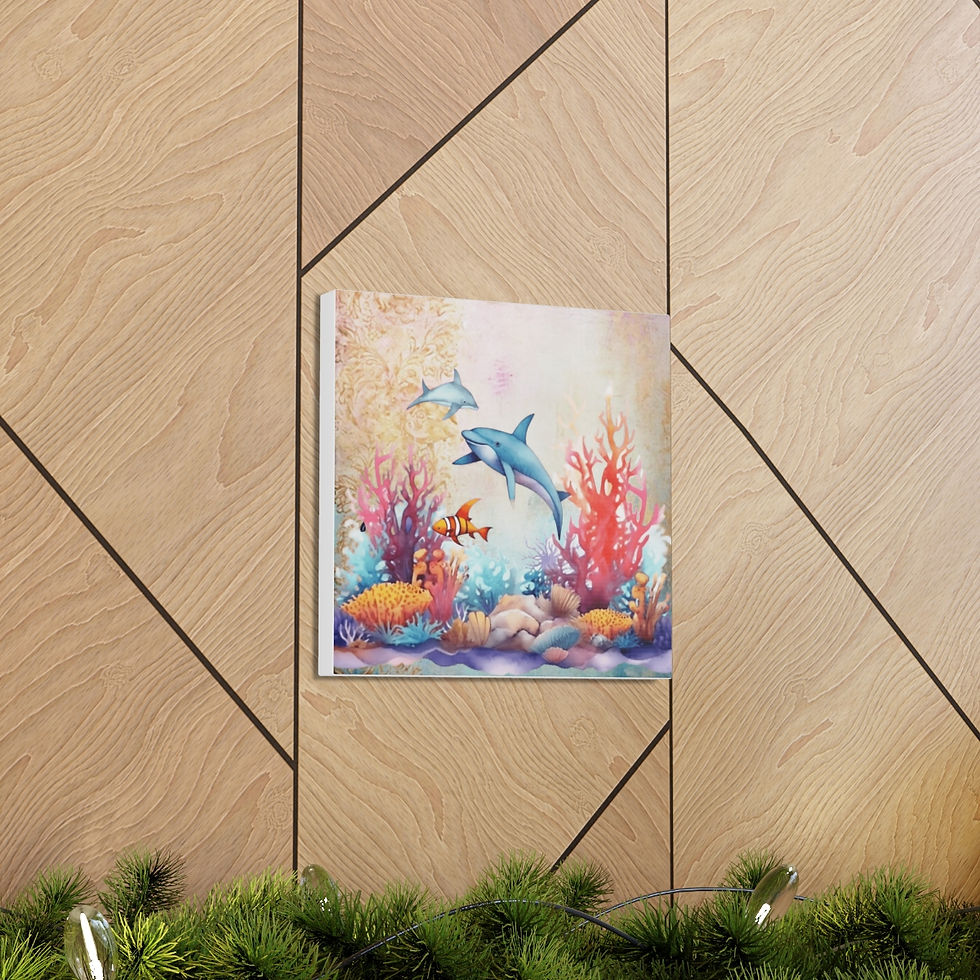 Thumbnail: Beachy Canvas Art Colorful Dolphins Coral Under the Sea Beach Bath Canvas Print