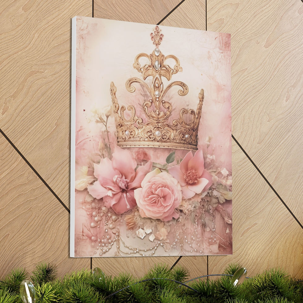 Thumbnail: Shabby Chic Canvas Art French Country Cottage Decor Pink Roses Jeweled Crown 