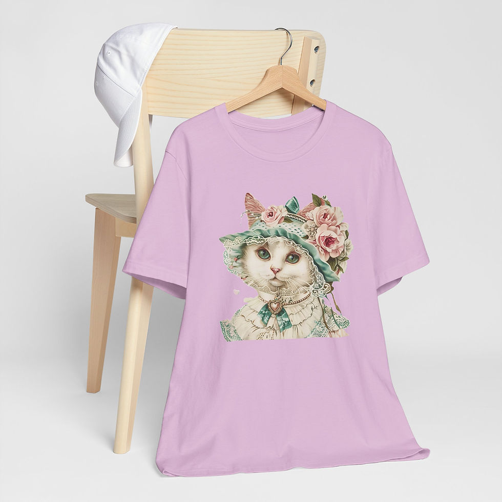 Thumbnail: Victorian Cat Art T-Shirt Shabby Mint & Pink Hat Roses Artistic Cat Lover Gift
