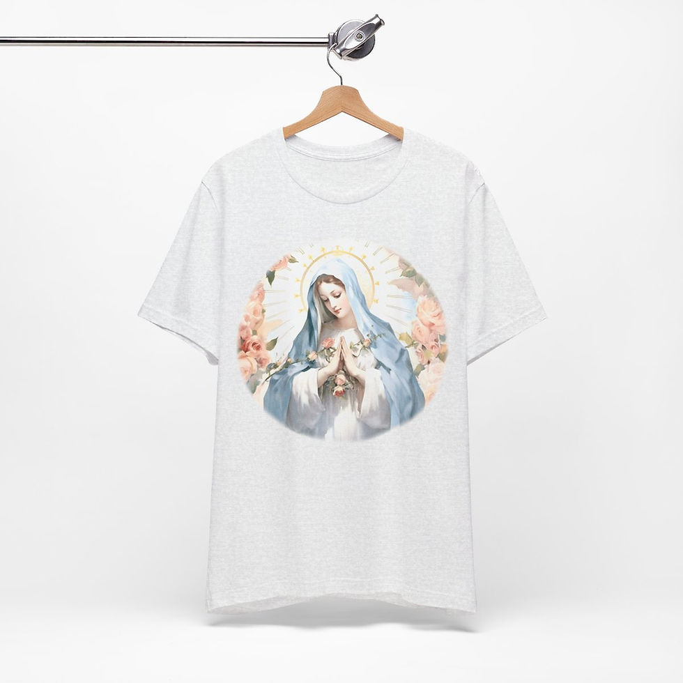 Thumbnail: Virgin Mary T-Shirt Pink Rose Shabby Chic Ave Maria Art Tee Catholic Faith Gift