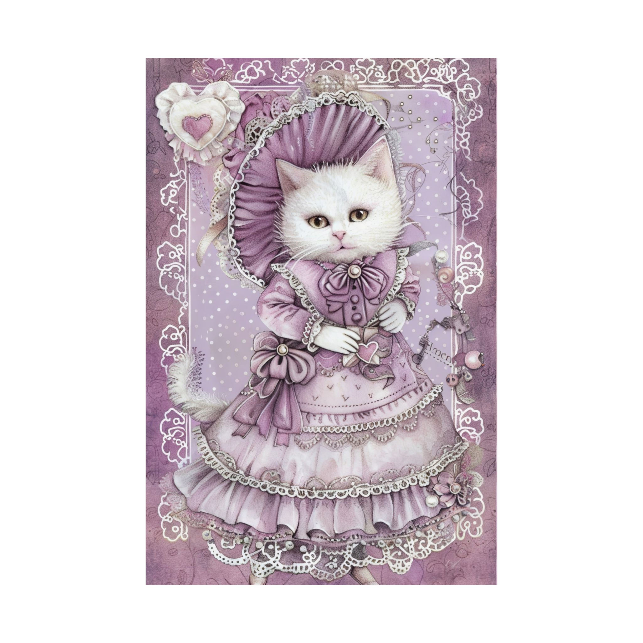 Cat Art Print - Cat in Bonnet Shabby Victorian Cat Lover Gift Purple Wall Decor 
