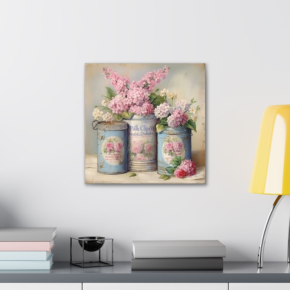 Thumbnail: Shabby Chic French Country Canvas Art Jars Pink Flowers Farmhouse Kitchen Decor