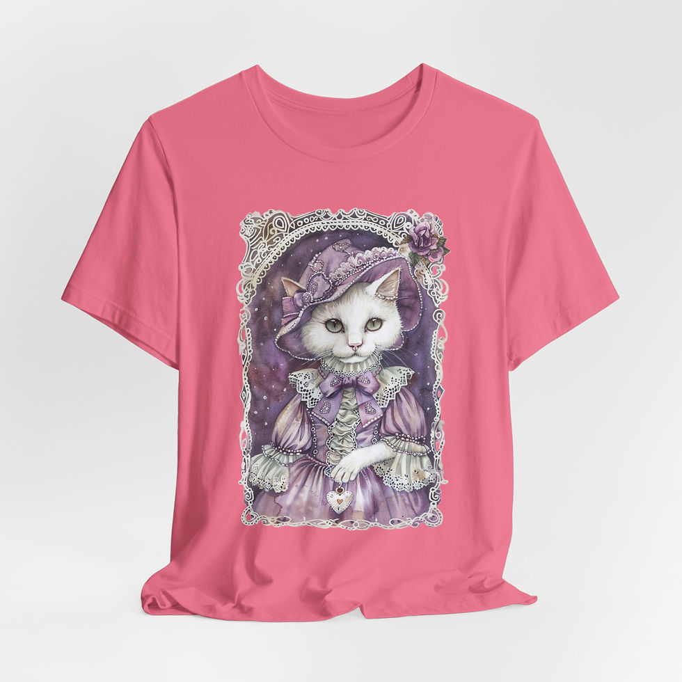 Thumbnail: Victorian White Cat Art T-Shirt Shabby Bonnet Hat Pastel Artistic Cat Lover Gift