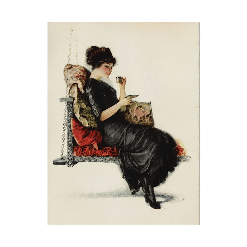 Thumbnail: Vintage Watercolor Print Victorian Woman Sipping Tea Porch Swing Teacup Decor