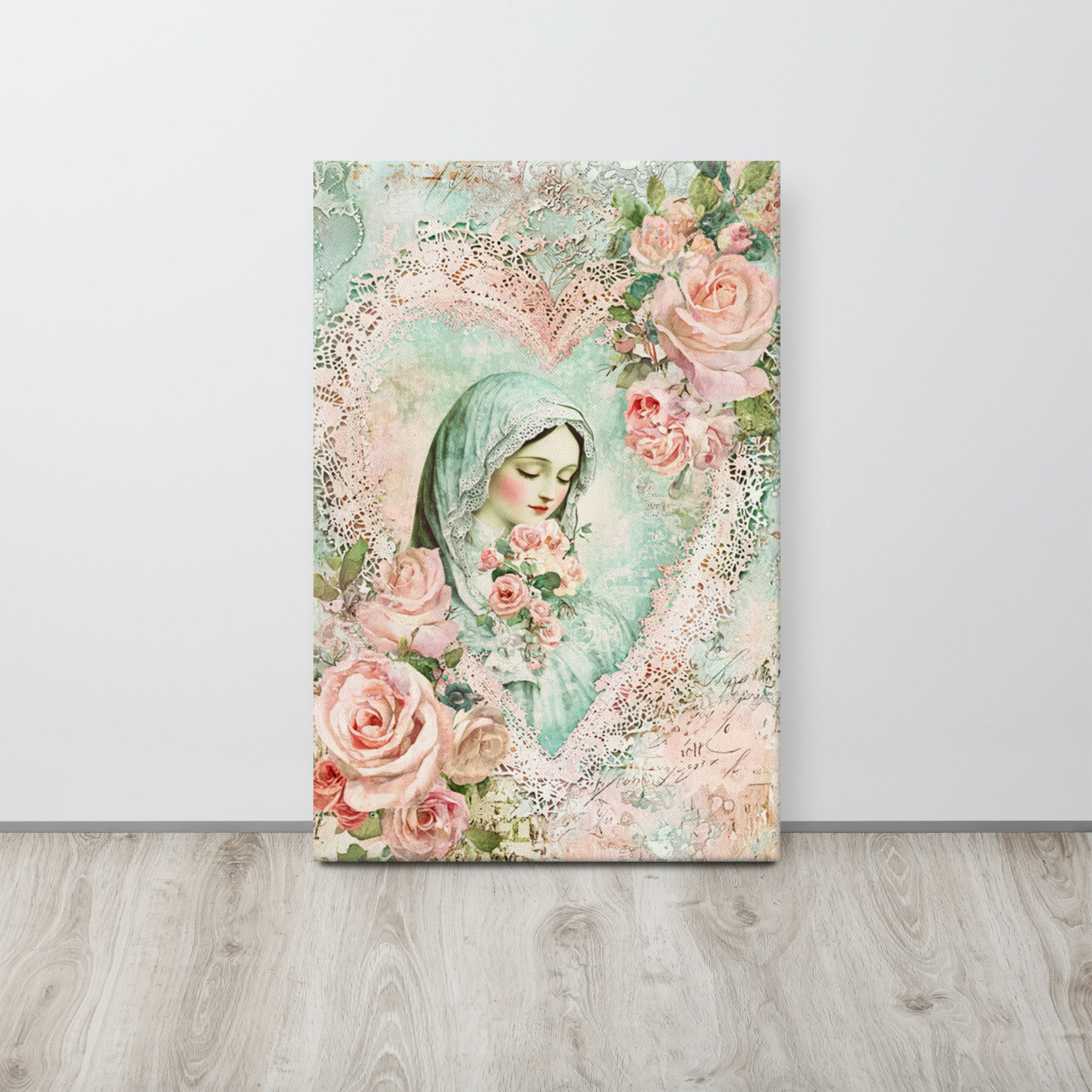 Virgin Mary Art Canvas Shabby Pink Roses French Country Faith Wall Decor 