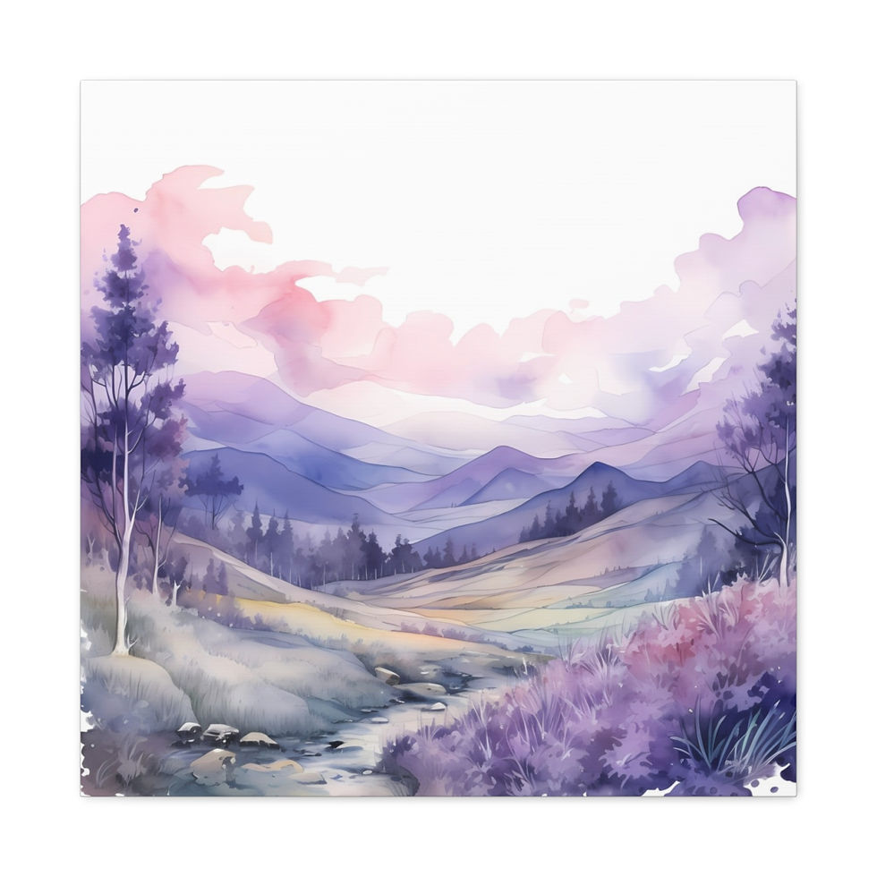 Thumbnail: Misty Mountain Meadow Stream Canvas Art Watercolor Purple Statement Decor
