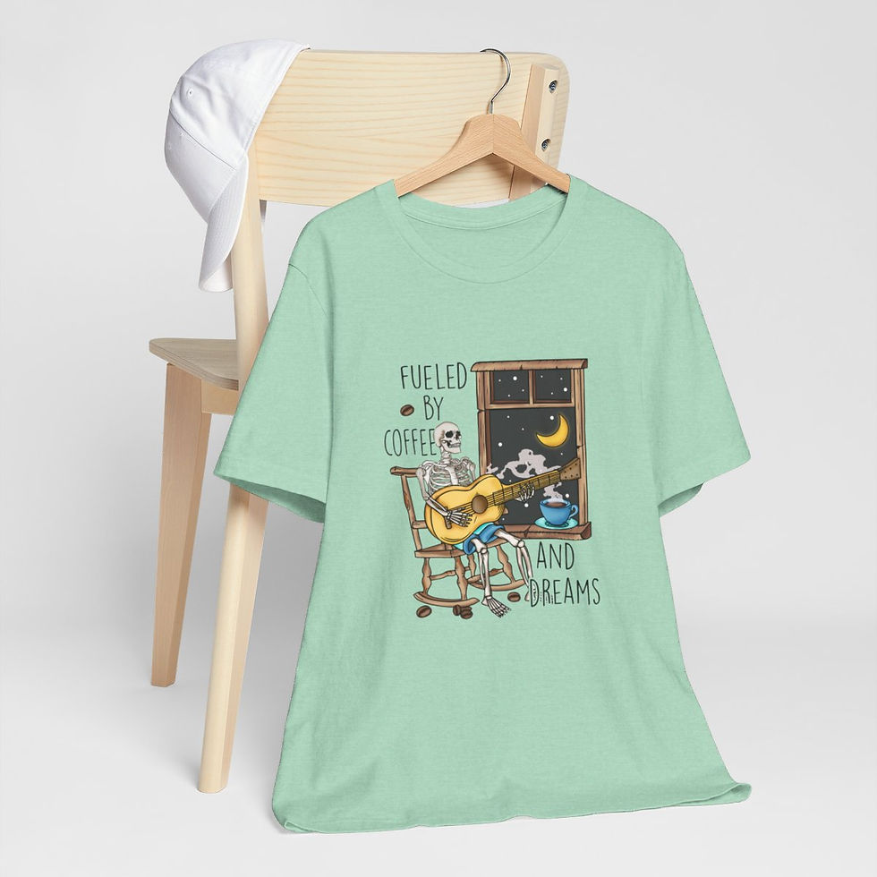 Thumbnail: Trendy Artistic T-Shirt Skeleton w/Guitar Fueled by Coffee & dreams Fun Art Tee