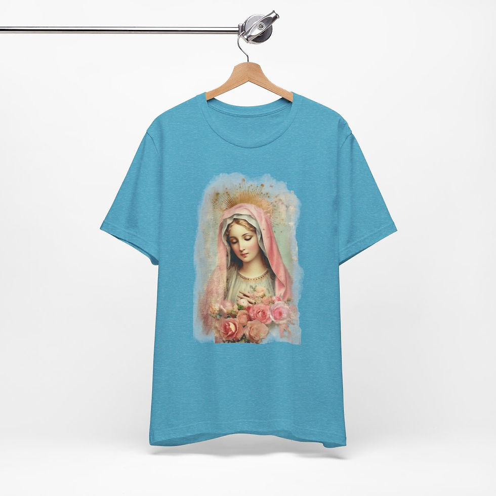 Thumbnail: Virgin Mary T-Shirt Shabby Pink Roses Ave Maria Art Tee Catholic Faith Gifts