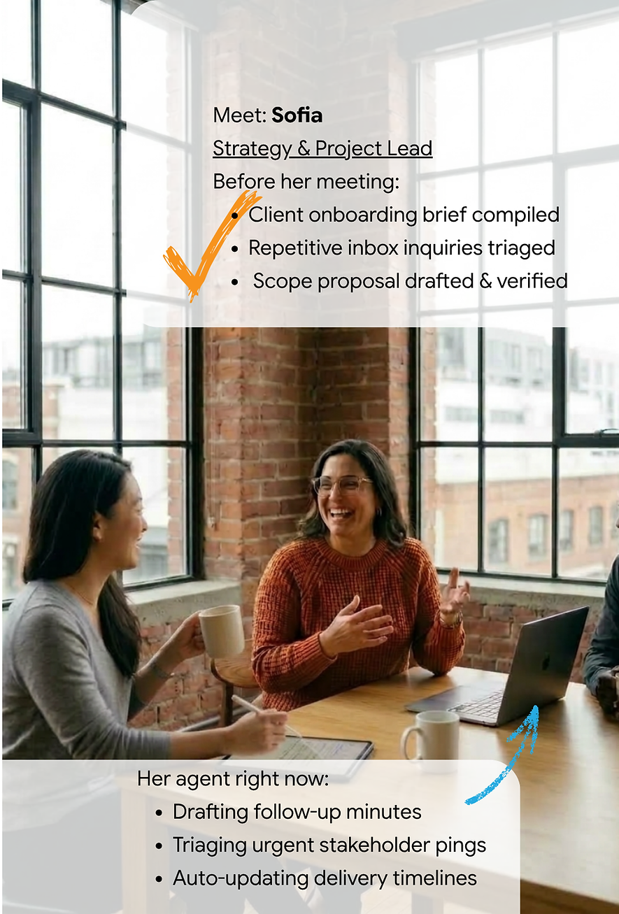 Two professionals collaborating in an office while AI workflow automation handles administrative tasks in the background.