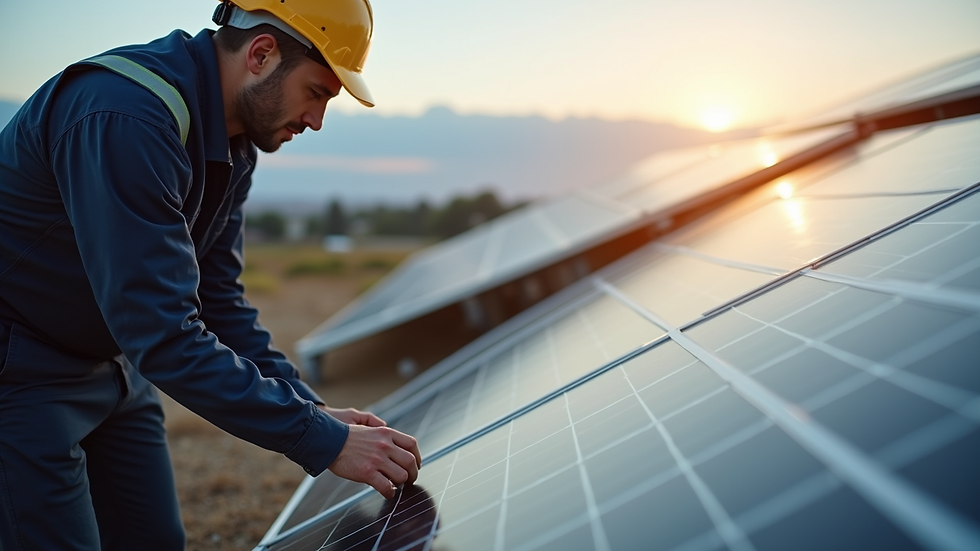 Close-up view of a solar technician inspecting solar panel connections