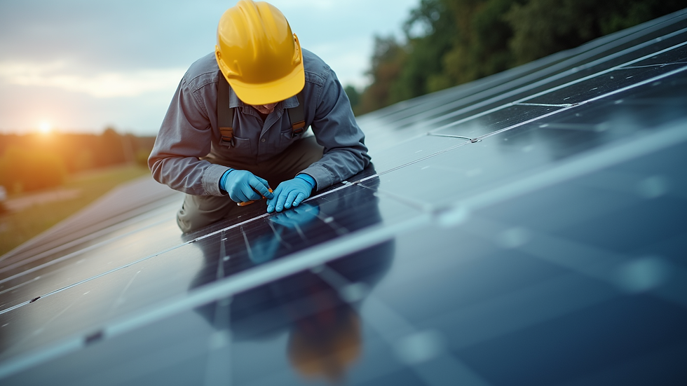 Close-up view of a technician inspecting solar panel connections
